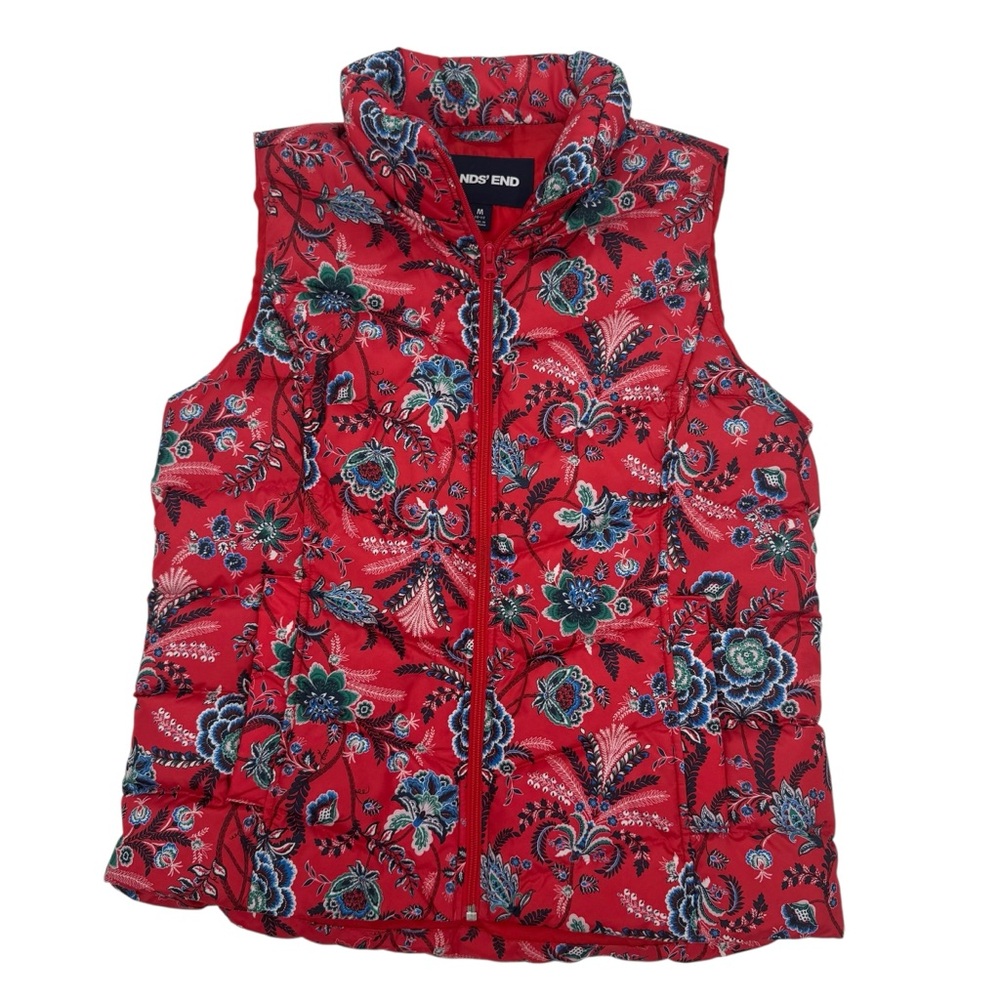 Lands End Womens Medium Red Floral Goose Down Puffer vest  Full Zip Pockets